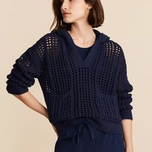 Lou & Grey Navy Blue Open Stitch Knit Hoodie Pullover Sweater SZ Large Coastal